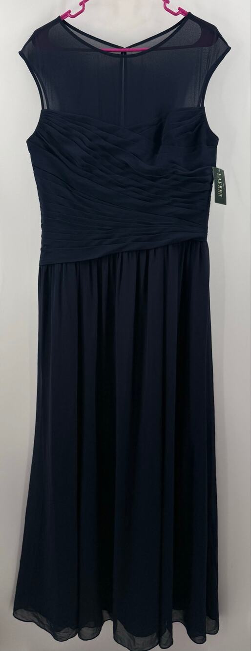 Lauren Ralph Lauren Dress SZ14 Evening Gown Lighthouse Navy Ruched Mesh Maxi NWT